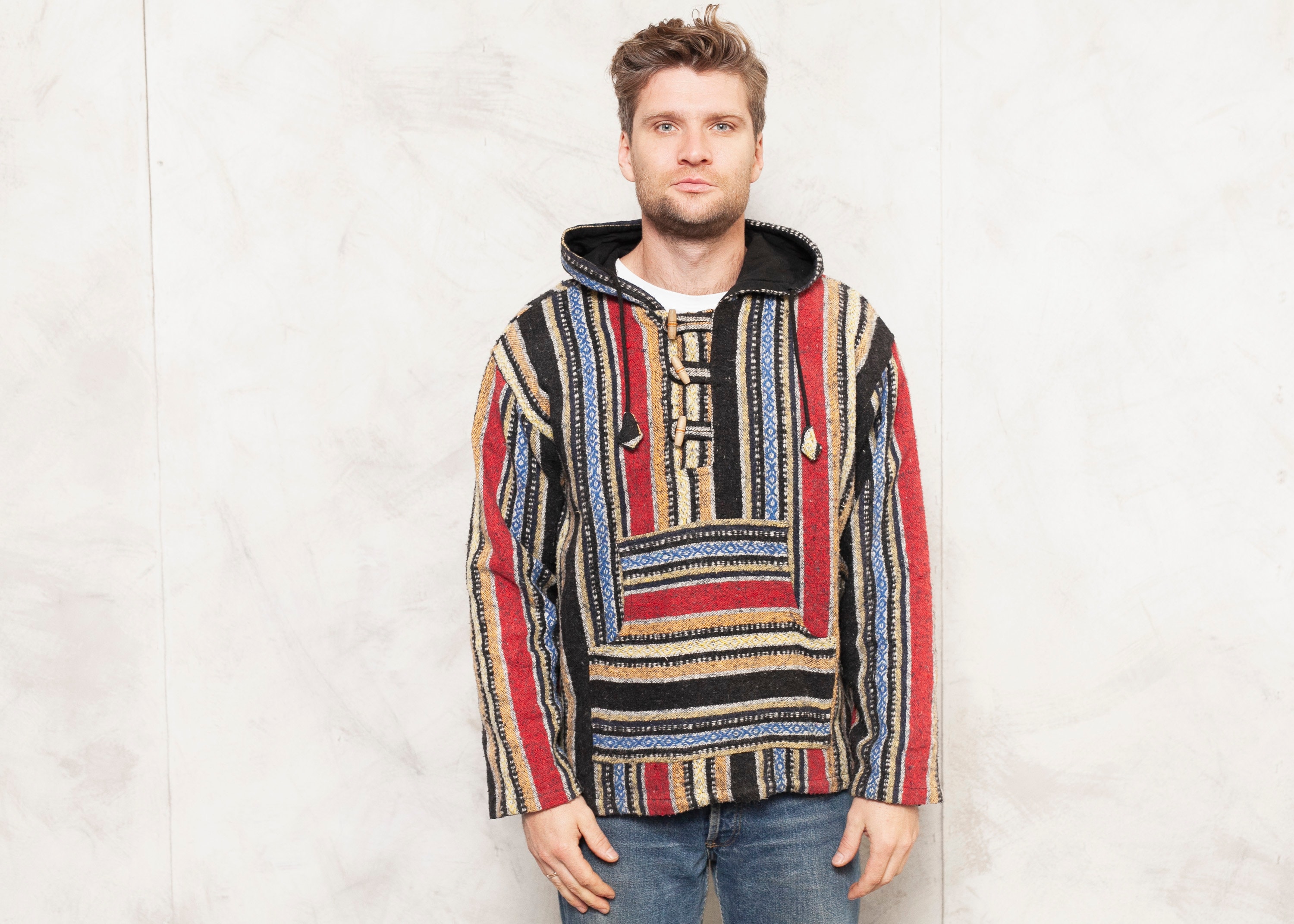 Baja Boho Hoodie Vintage 80s Mexican Style Hooded Sweater Nature Jumper