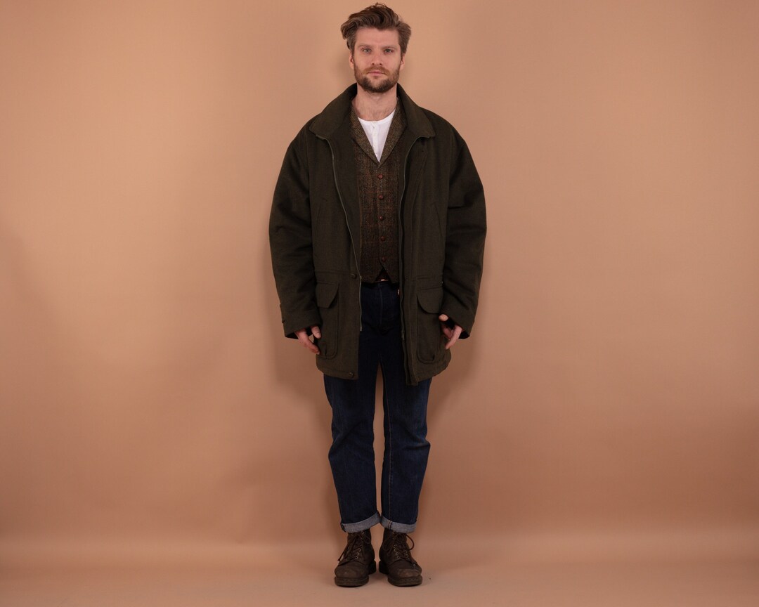 ジャケット・アウター 90s 2way Padded Wool Jacket Khaki 56 Vintage 90s Wool Blend Parka Coat: Khaki Green XXL Oversized