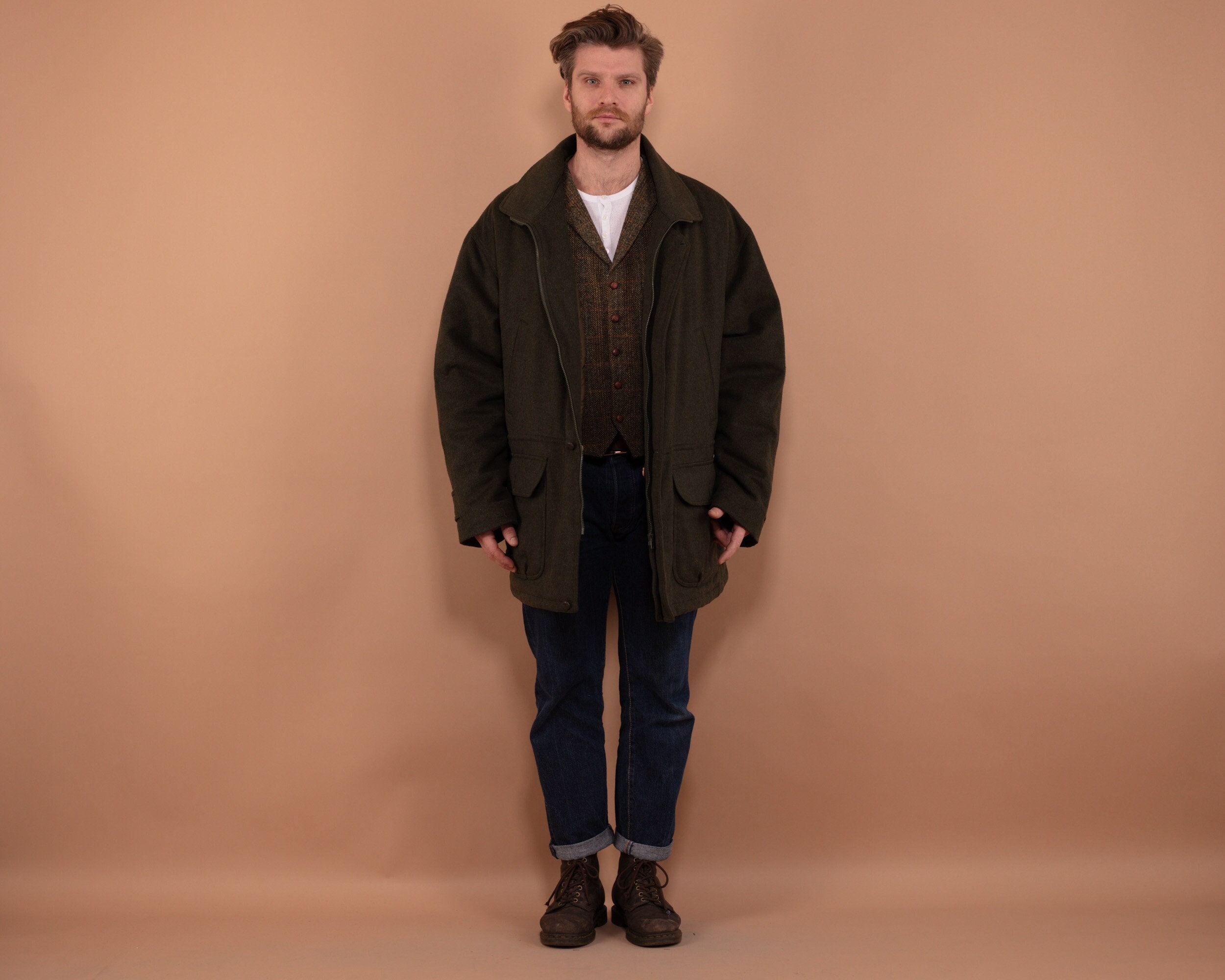 ジャケット・アウター 90s 2way Padded Wool Jacket Khaki 56 Padded Wool Blend Parka Coat 90's, Size XXL, Khaki Green Men