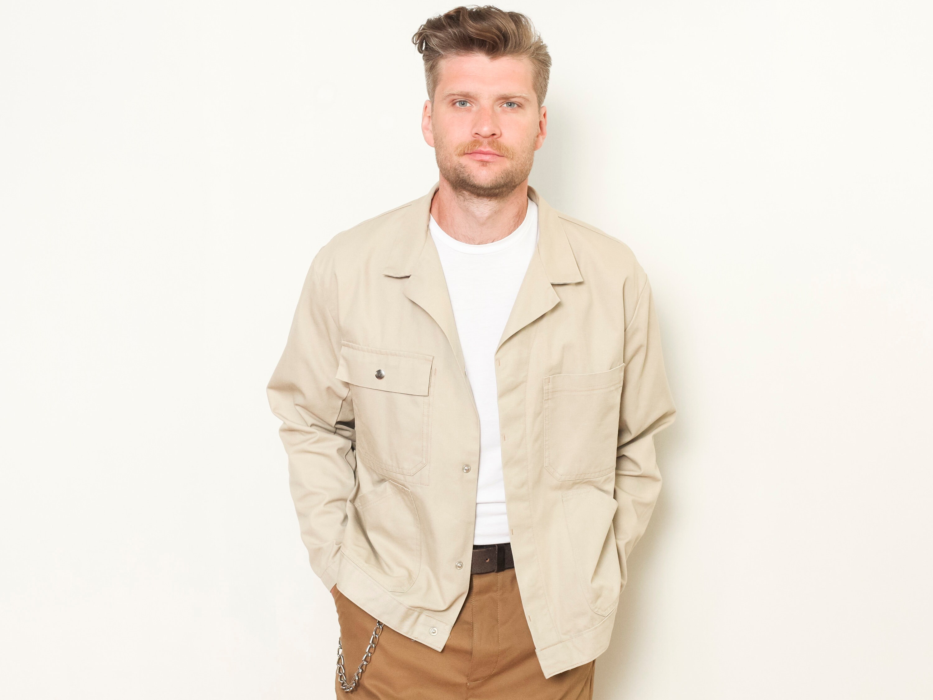 80's Work Jacket beige chore jacket 1980's men workwear outerwear ...