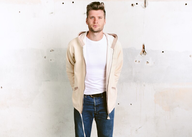 size Medium M Beige Hippie Hoodie Men/'s Hooded Sweater Vintage Sweater Zip Up Hoodie Spring Jacket Vintage Men Hoodie Jacket