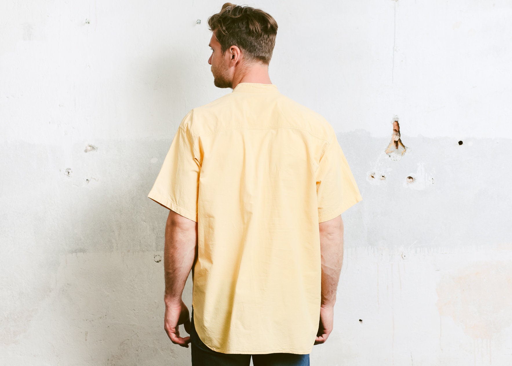 Men Band Collar Shirt . Vintage 80s Shirt Yellow Collarless Minimalist ...