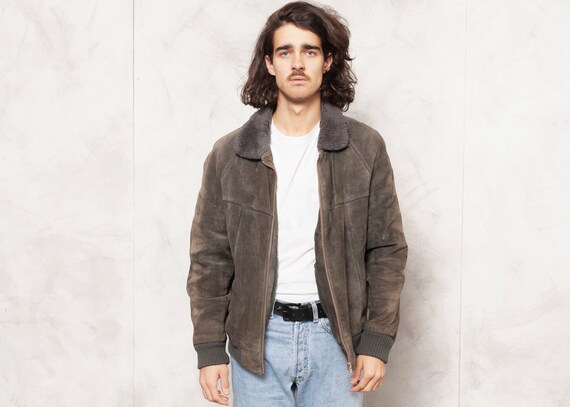 Suede Bomber Grey Vintage Flight Jacket Men 1990s