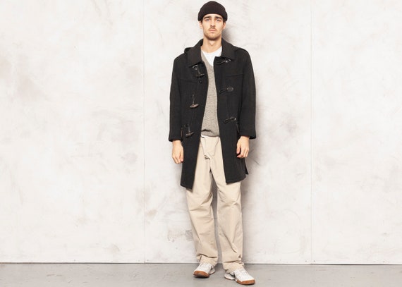 Black Duffle Coat Vintage 90s Men Wool Coat Winter