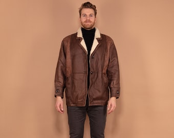 Abrigo vintage de piel de oveja marrón de los años 80: abrigo de piel de oveja para hombre (talla L)