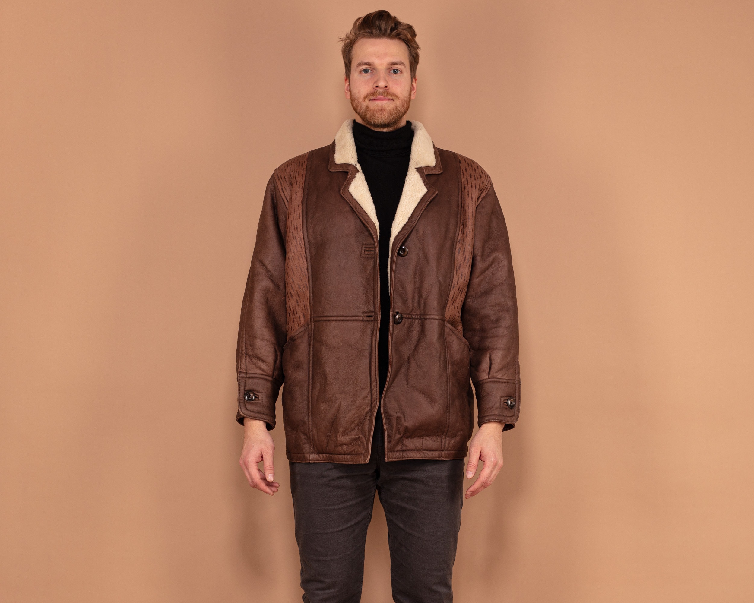 Vintage 80s Brown Sheepskin Coat: Mens Shearling Leather Outerwear