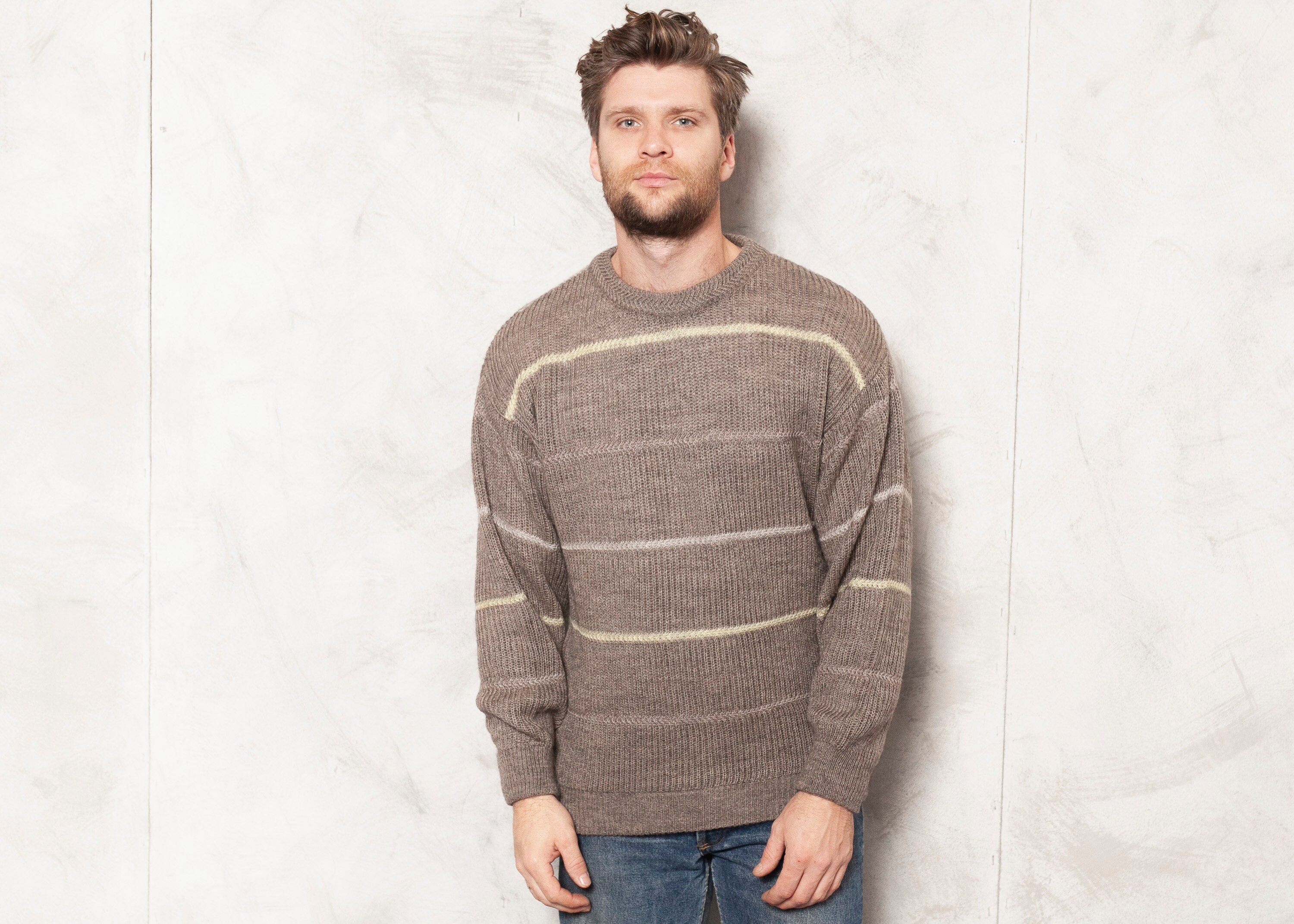 Grey Men Sweater Striped Men Vintage 1990s Knit Crew Neck - Etsy