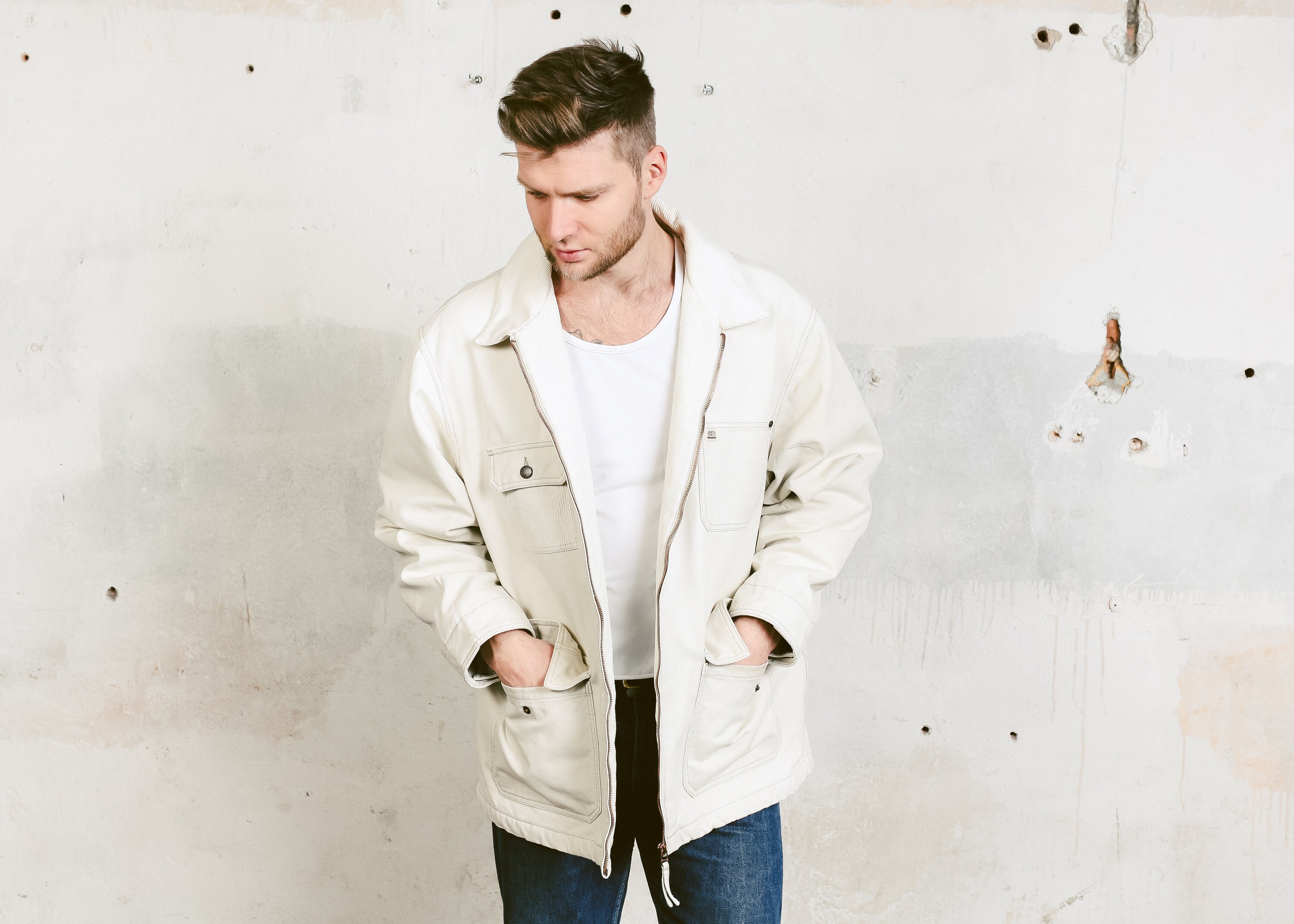 Vintage Men Denim Coat . Oversized 