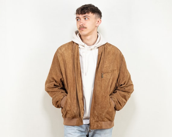 Suede Bomber Jacket 90 s Brown Suede Aviator Type Jacket Street Style Bomber Minimalist Casual Western Streetwear Clothing Size Large L Etsy
