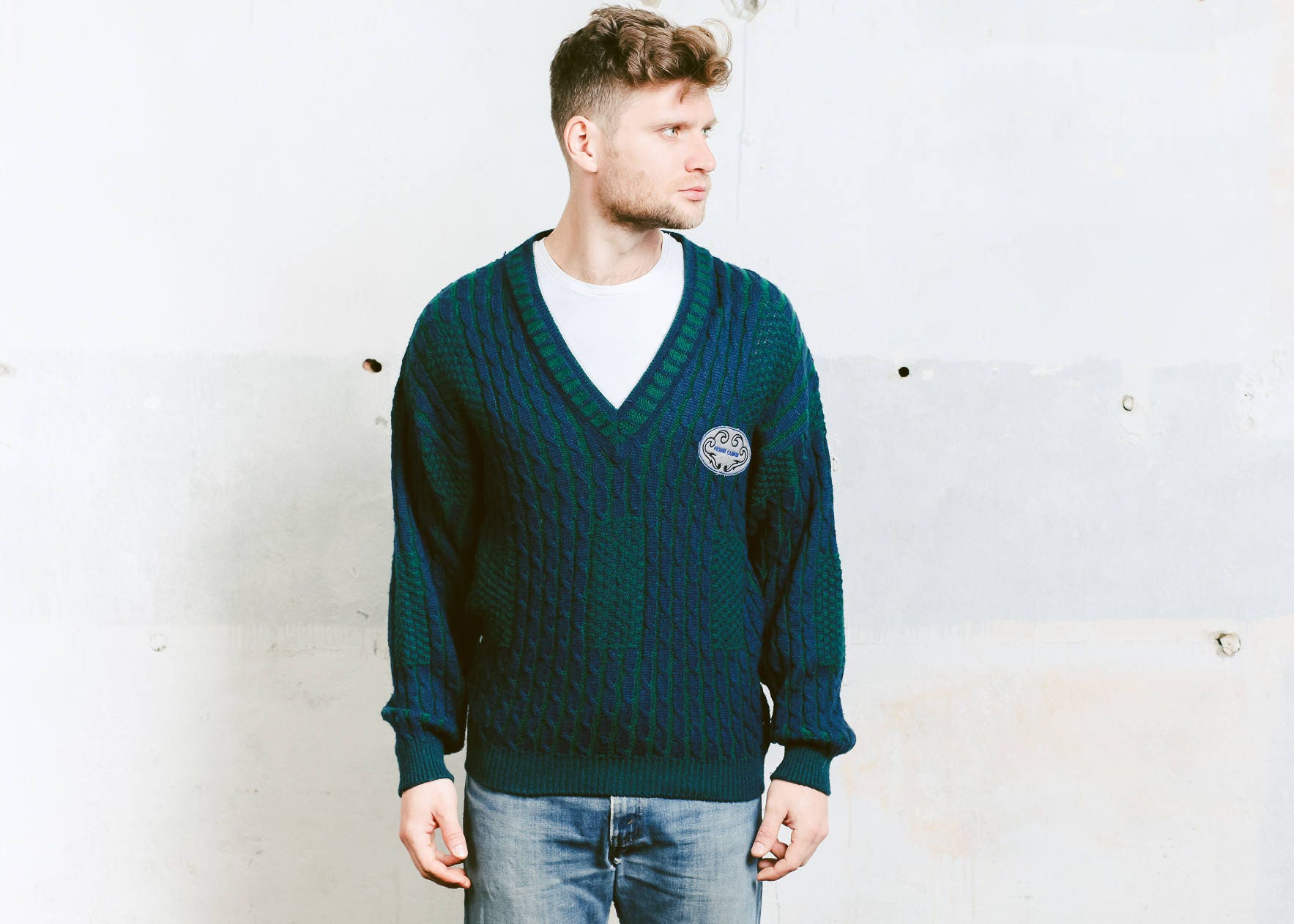 Men Patterned Sweater . Chunky Knit Sweater 90s Vintage Grunge Green