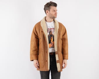 80s Vintage Brown Sheepskin Coat, Retro Western Outerwear, Size M