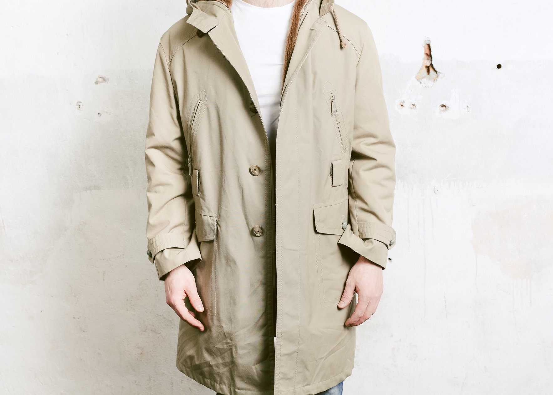 70s Men Parka Coat . Vintage Coat Beige Insulated Outerwear Long Coat ...