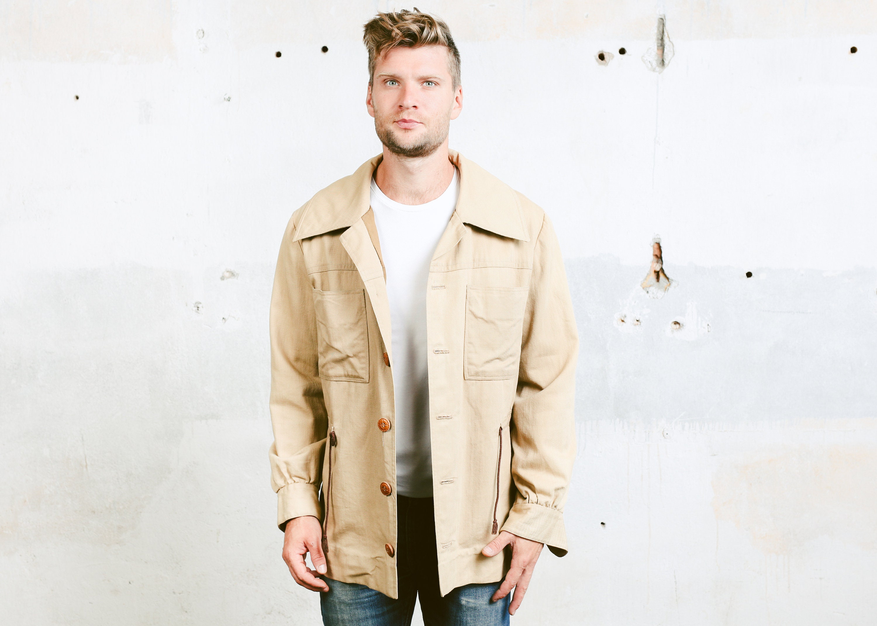 Vintage Mens 60s Safari Jacket . Mod Jacket Denim Field Jacket Beige ...