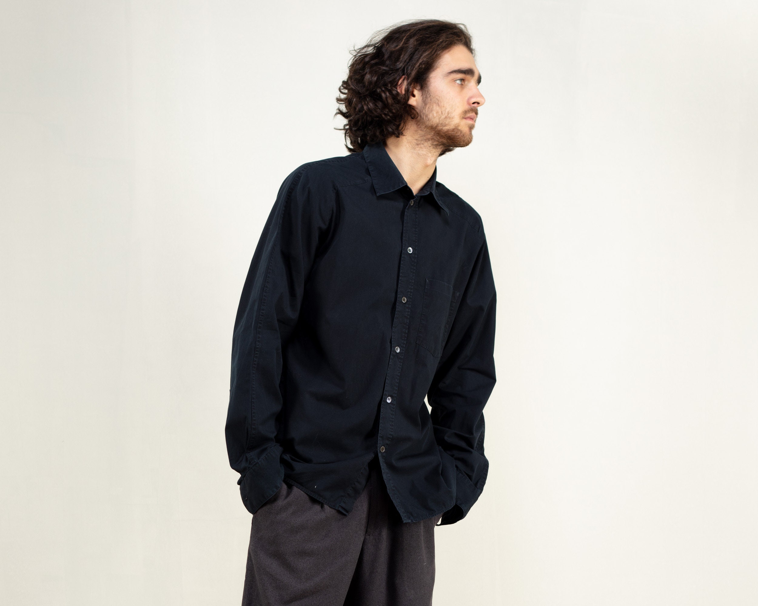 Casual Black Shirt men vintage 80s long 