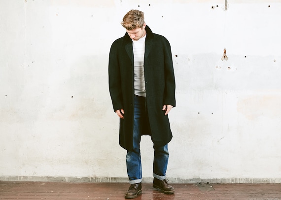 Mens Wool Coat . Vintage 70s Overcoat Black Jacket
