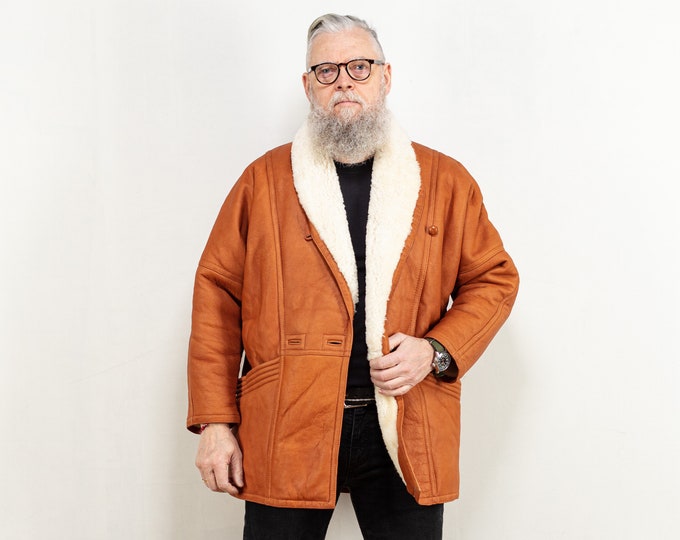 Men Sheepskin Coat 80s lambskin caramel brown vintage shearling shawl collar raglan minimalist western boho streetwear size medium M