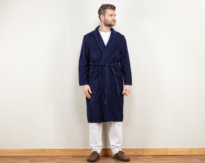 Men Dressing Gown vintage 90's morning robe bathrobe navy terry cotton wrap belted hugh hefner gift for him birthday size extra large XL