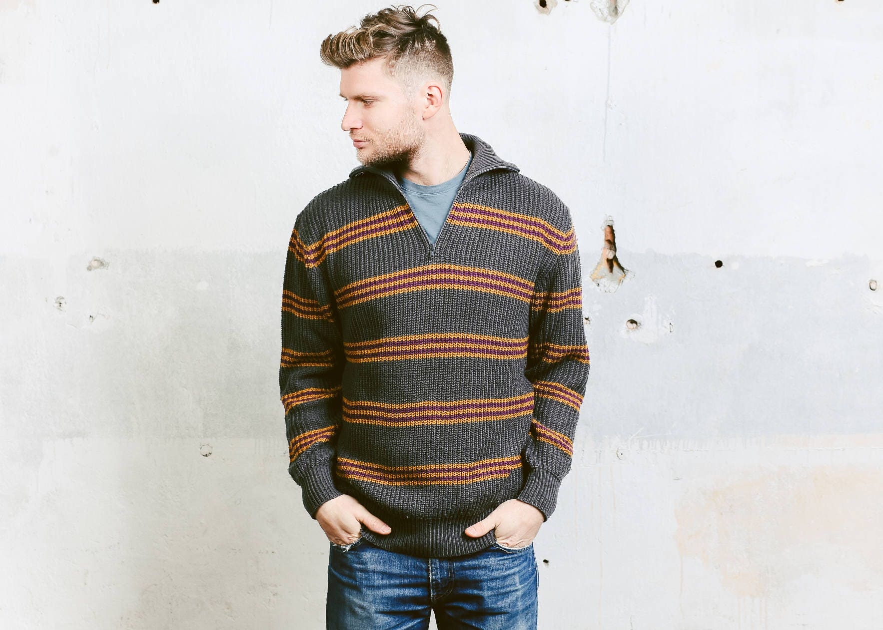 Download Men's Zip Collar Sweater . Vintage 70s Striped Grey ...