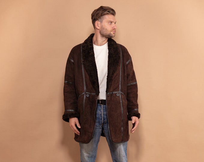 Brown Shearling Coat 80s, Size Medium M, Vintage Sheepskin Coat, Winter Coat, Boho Outerwear, Sustainable Clothing, Men Shearling Coat