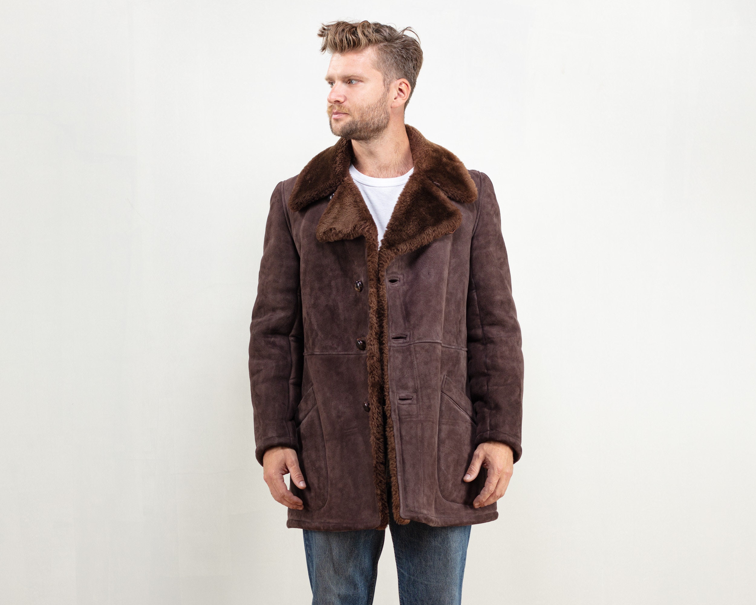 Men Sheepskin Coat brown vintage 80's brown winter coat western ...
