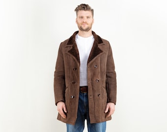 Vintage 70s Brown Suede Shearling Coat - Western Style Mens Small