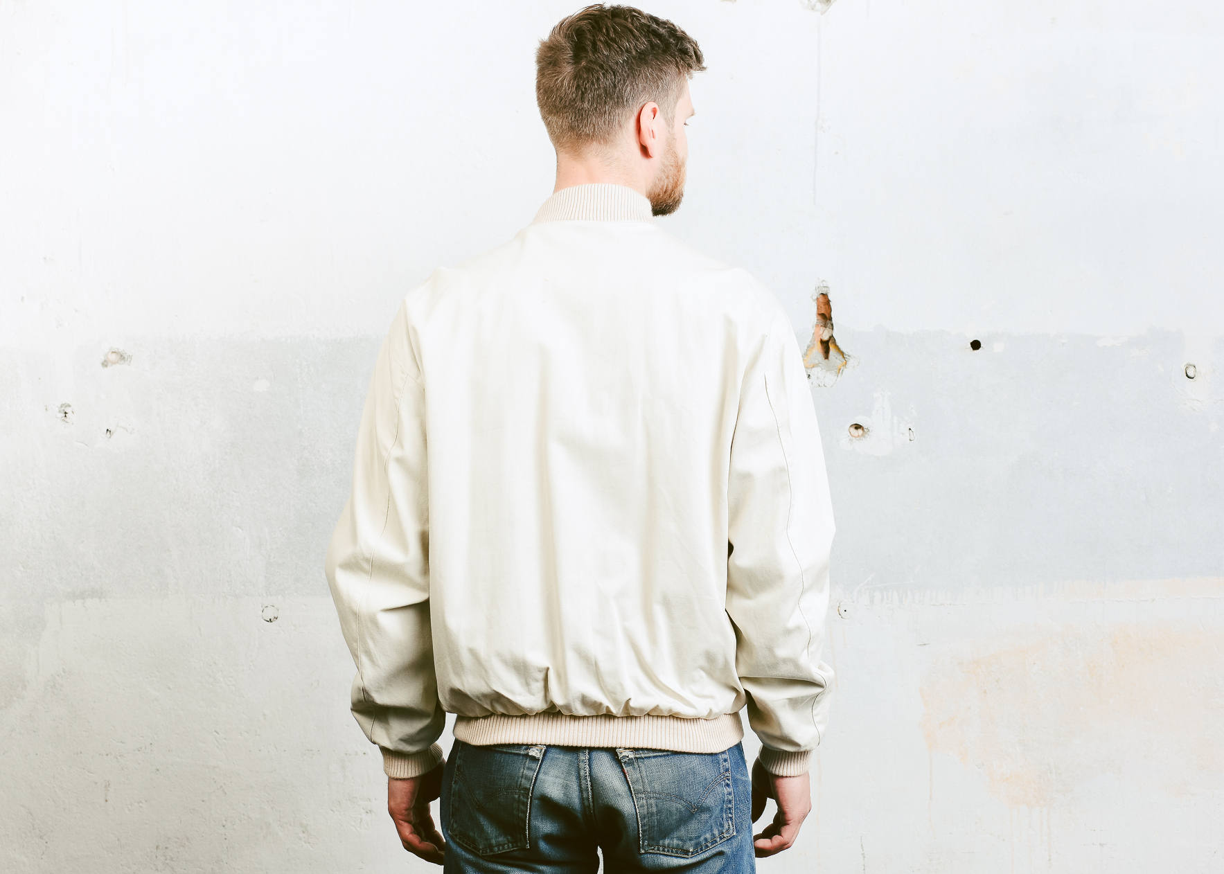 Beige Bomber Jacket . Men's Coat Vintage 80s Jacket Outerwear Flight ...