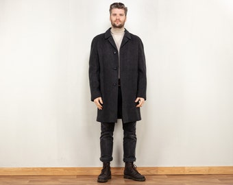 Wool Coat Men 80s black wool blend midi long coat minimalist style preppy coat sleek men sustainable vintage clothing size medium M