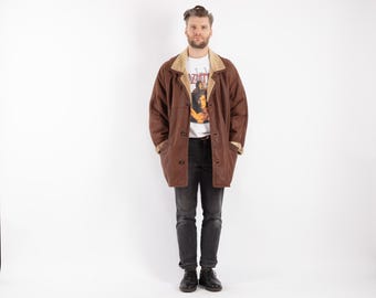 Cappotto in montone marrone anni '90, giacca vintage in pelle di montone, taglia XL da uomo