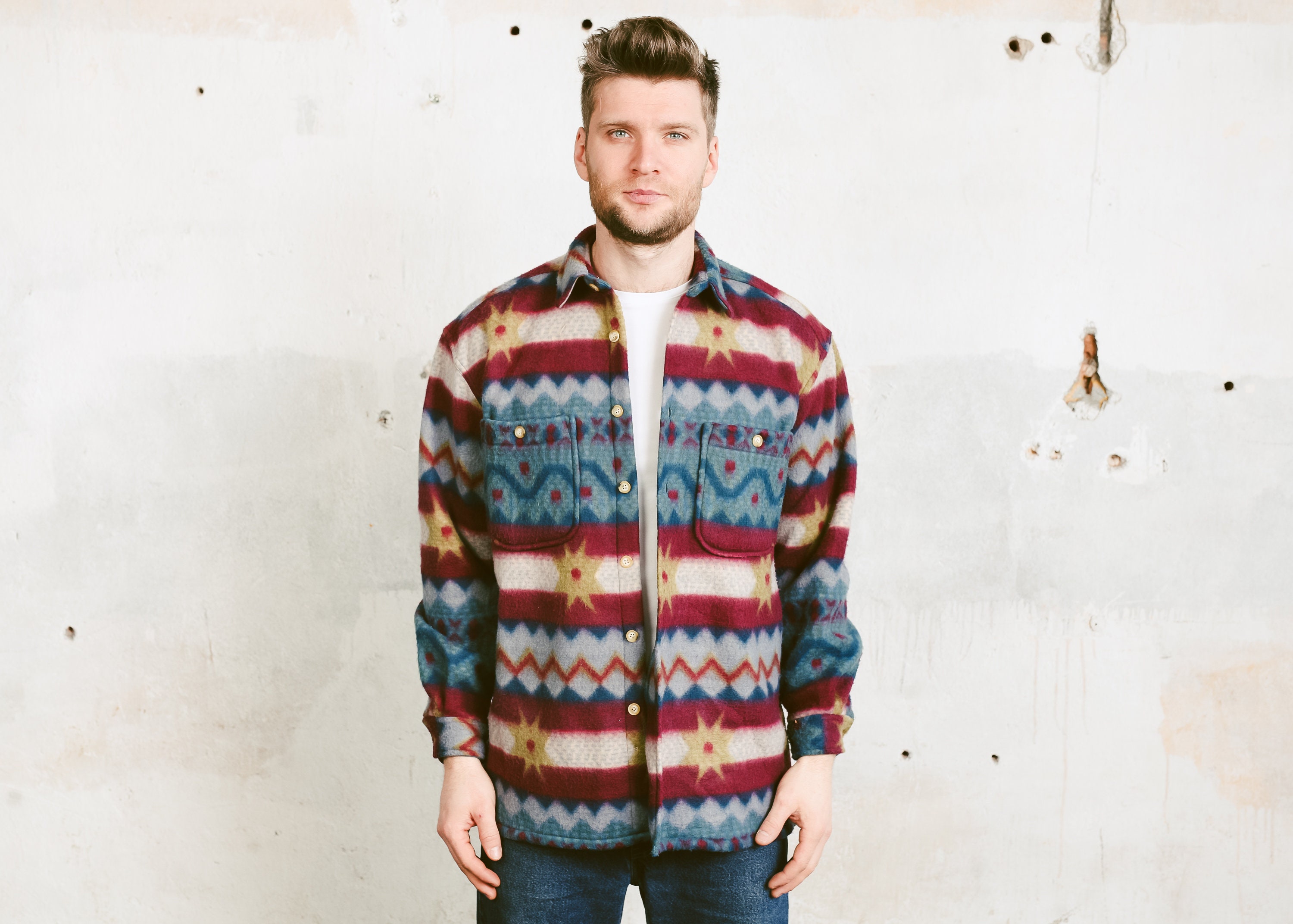 Vintage Aztec Fleece Shirt . Mens 1980s 