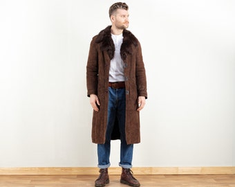 Long Shearling Suede Coat men vintage 70's coat western coat shearling mens coat winter overcoat vintage clothing size small