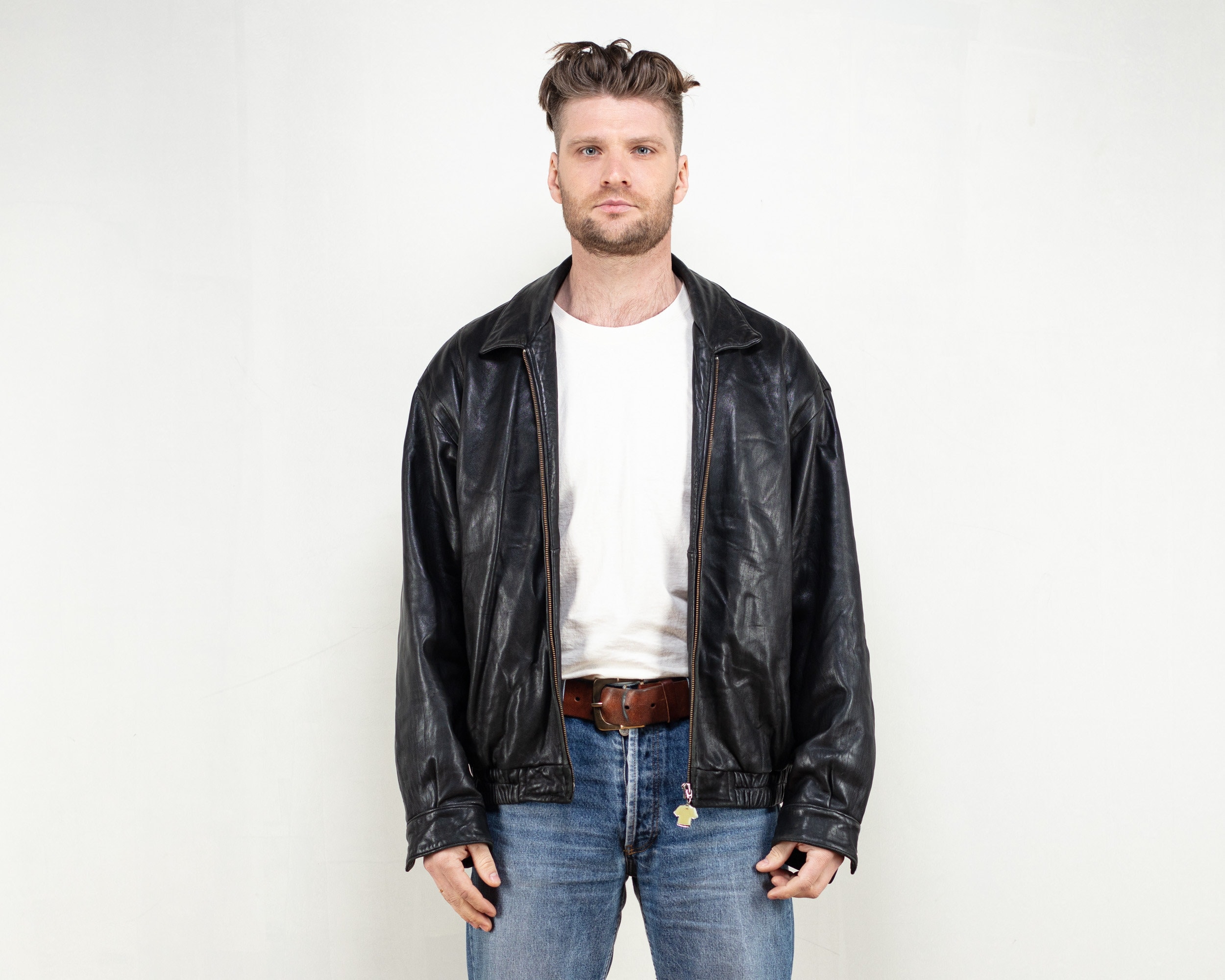 Vintage Oversized Leather Jacket 90's men jacket in black men gift