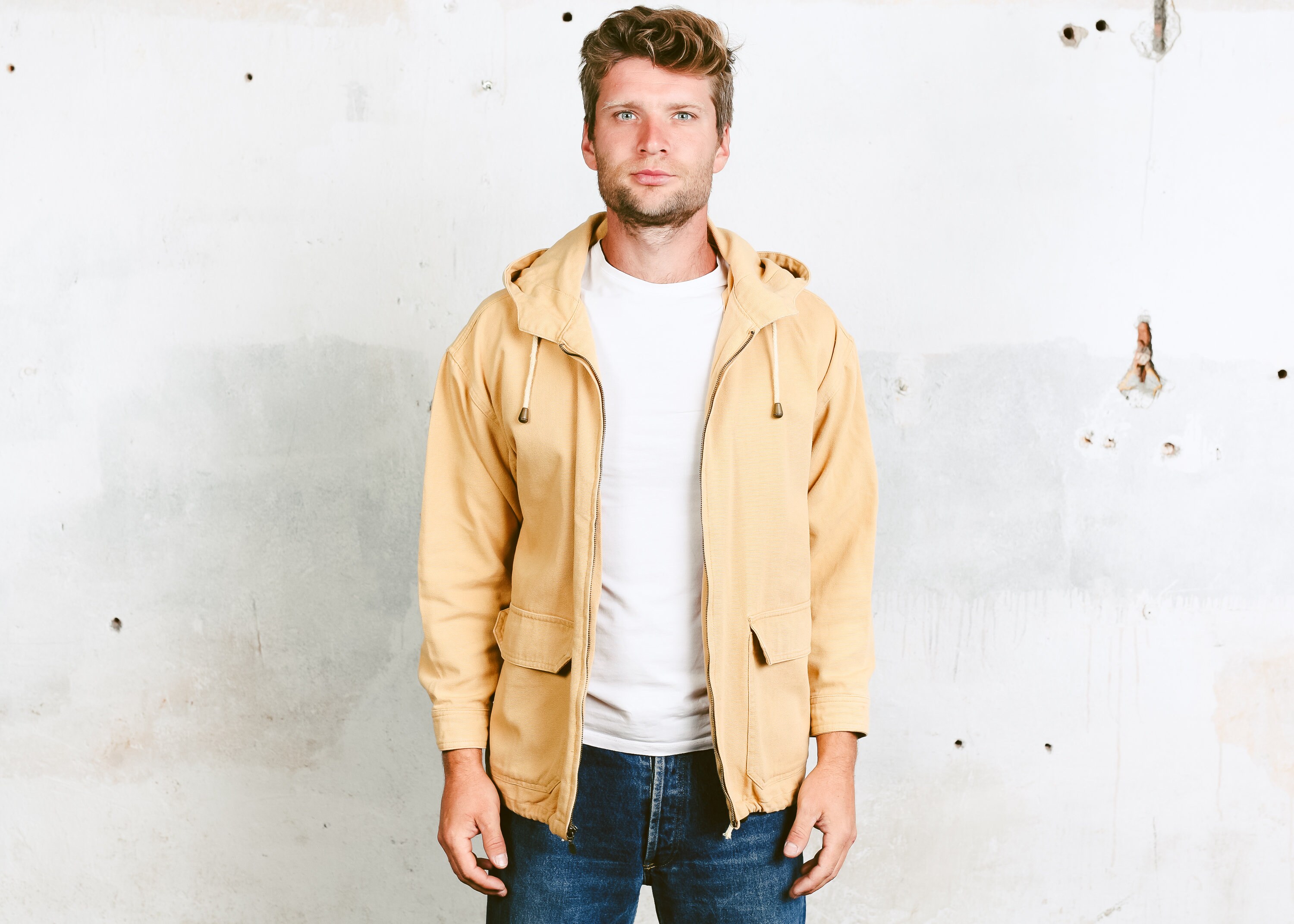 90s Hooded Jacket . Mens Yellow Jacket Cotton Canvas Thick Outerwear