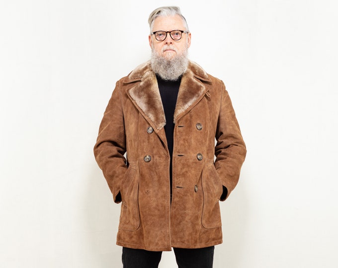 Men Suede Sherpa Coat vintage 70's brown suede leather faux shearling lined coat shearl collar coat classic men overcoat size small S