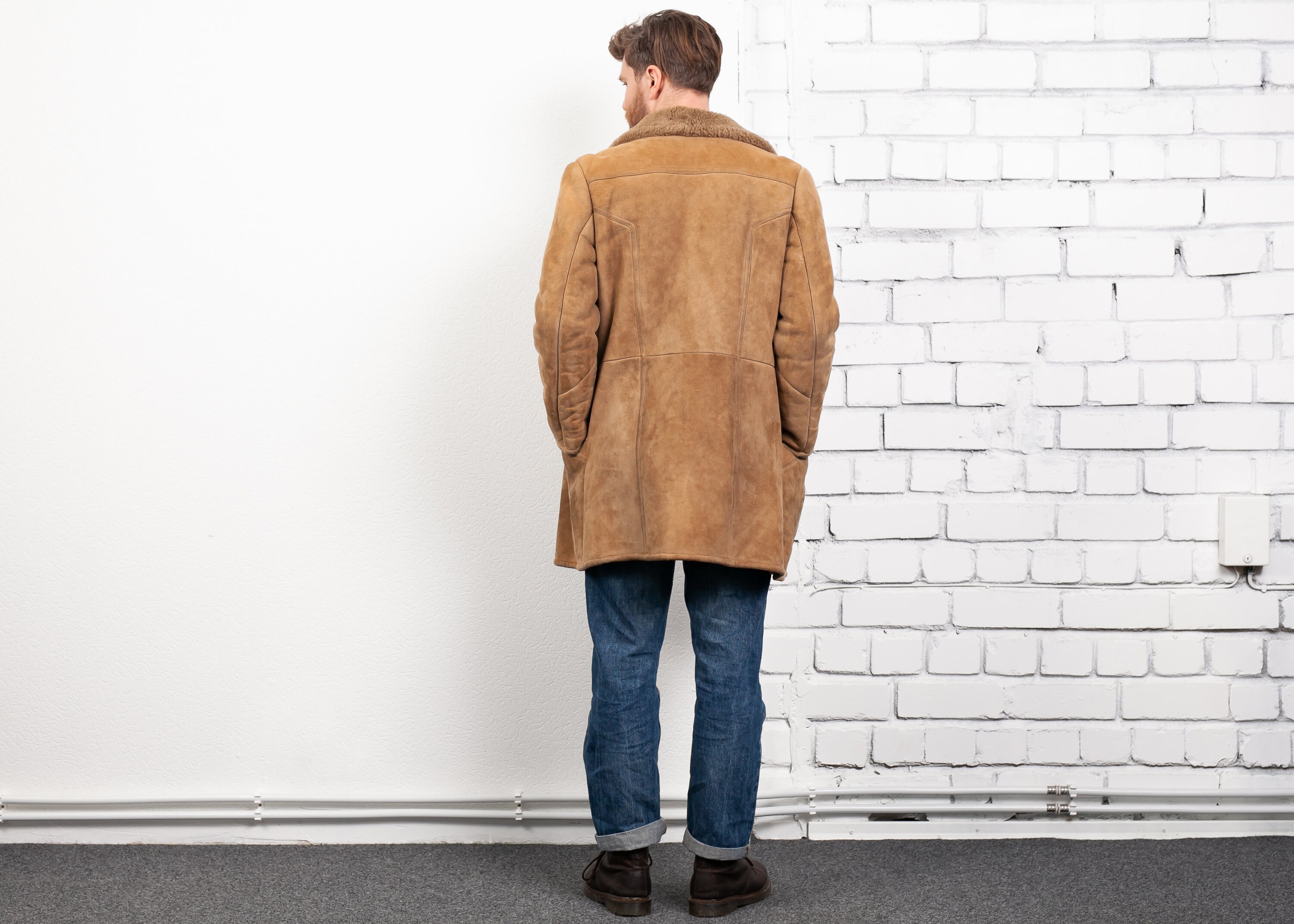 Brown Sheepskin Coat . Men 70s Suede Coat Western Coat