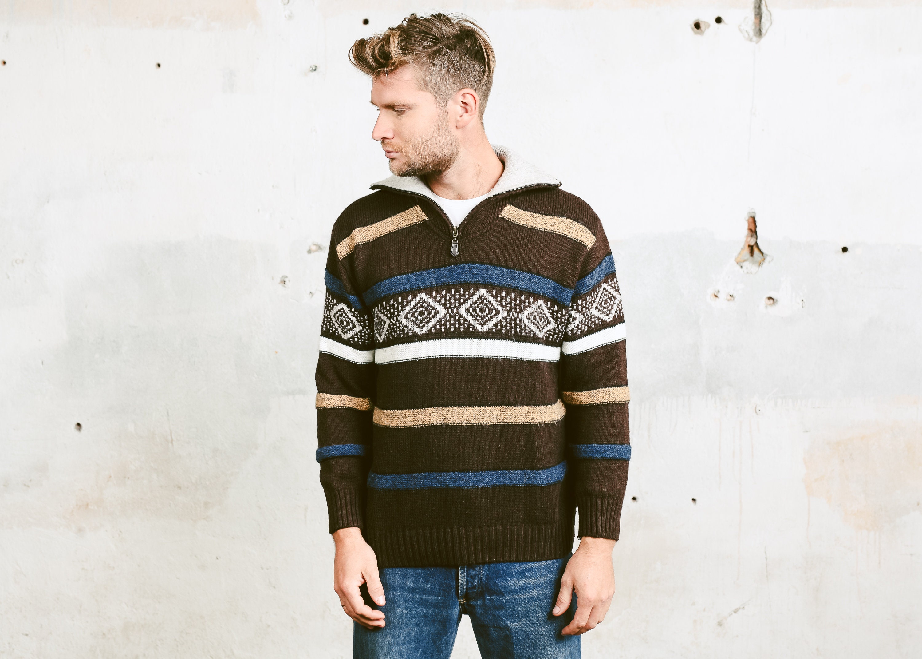 Men's Patterned Zip Neck Sweater . Vintage Geometric Sweater Knitted