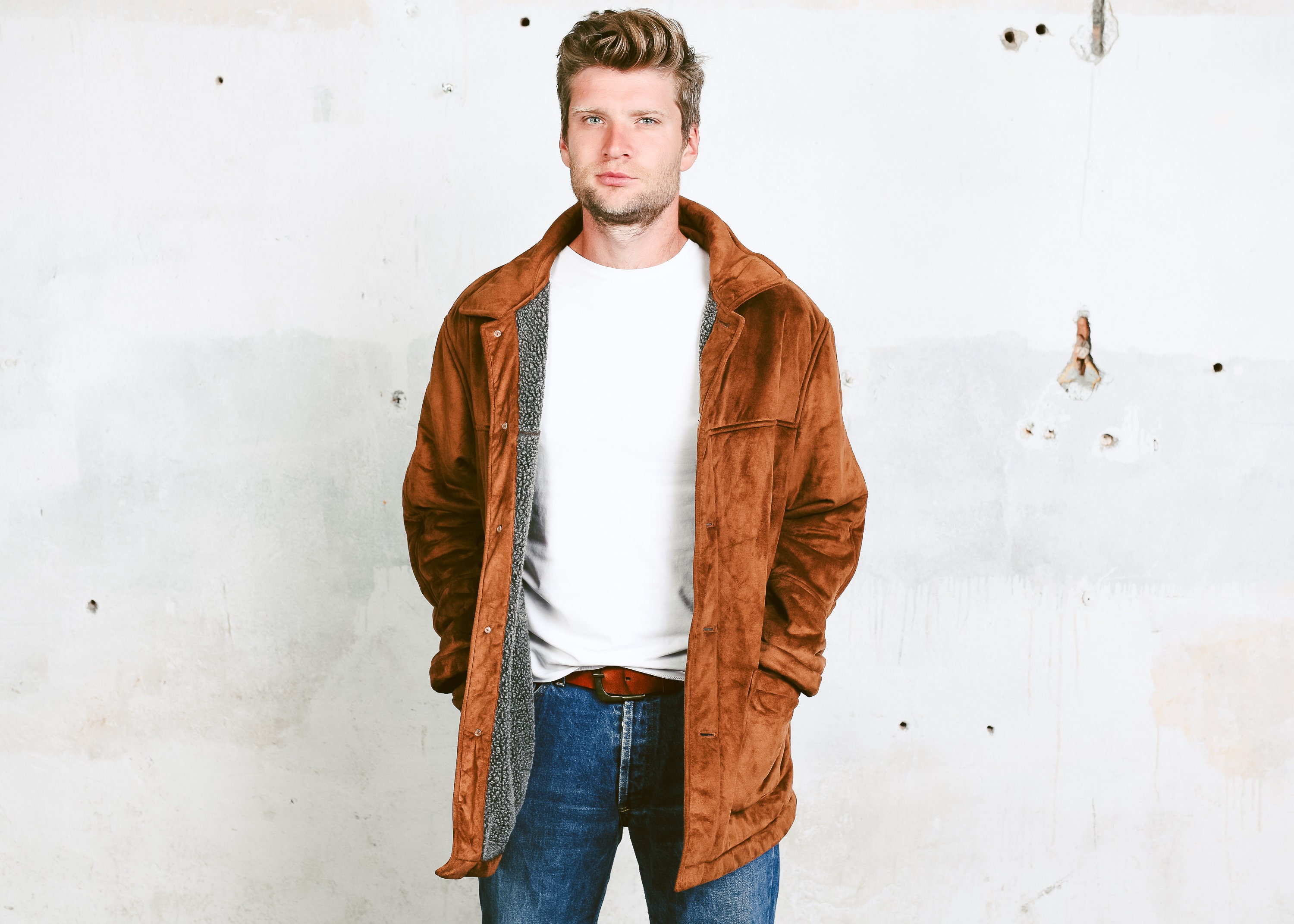 Men's Faux Suede Sherpa Parka Coat . Oversized Jacket Brown Velvet Coat ...