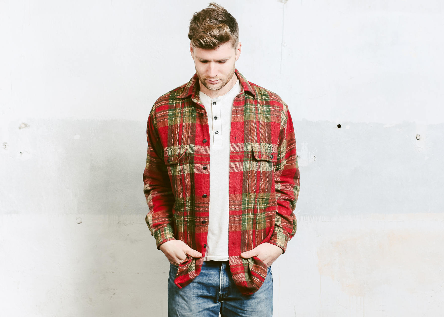 Men 90s Thick Plaid Jacket . 90s Grunge Flannel Shirt Vintage Red