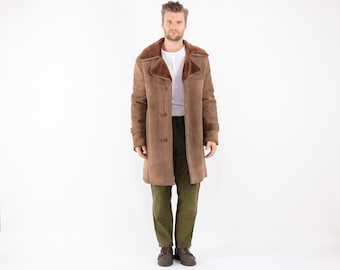 70s Brown Sheepskin Coat, Vintage Shearling Overcoat, Men's Size L