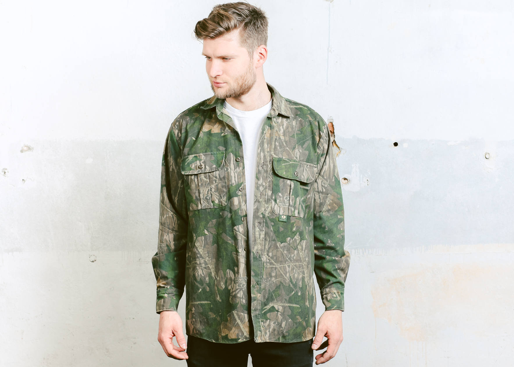 Camouflage Jacket . Shirt Vintage 90s Men's Forest Camo Green Shirt