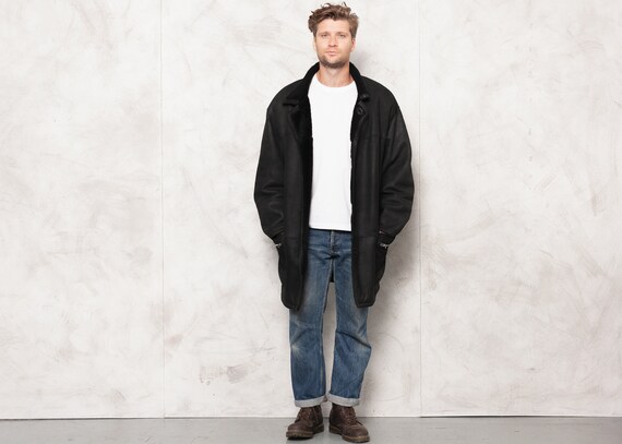 Vintage 90s Mens Black Shearling Coat Mens Vintage