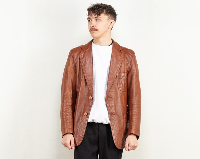 Men Leather Blazer 70s vintage brown leather button up blazer leather minimalist jacket men streetwear sustainable clothing size medium M