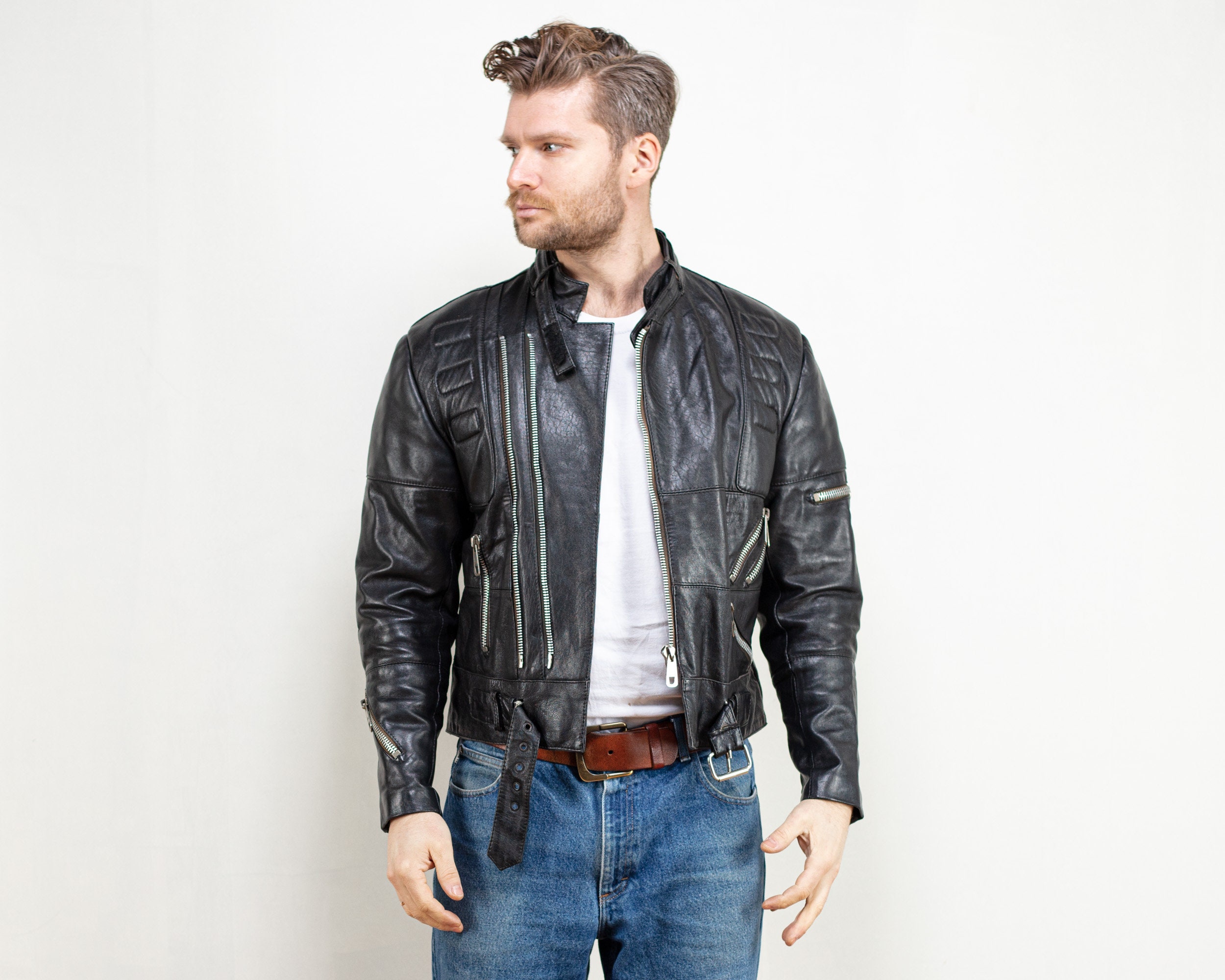 Black Leather Biker Jacket black side zip cowhide 90s Punk Men Moto