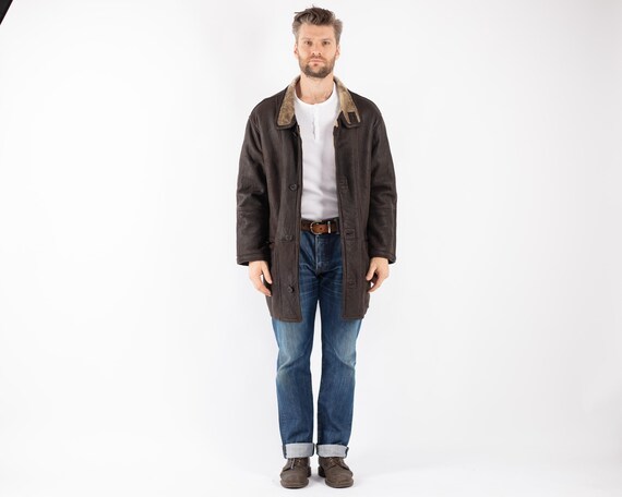 Brown Sheepskin Men Coat, Size L Vintage Western Coat, Vintage