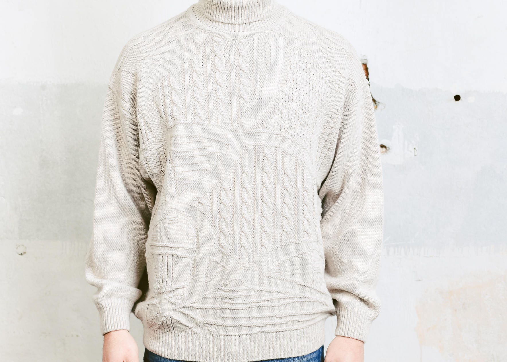 Men's Beige Turtleneck Sweater . Fishermen Sweater Vintage Chunky Knit ...