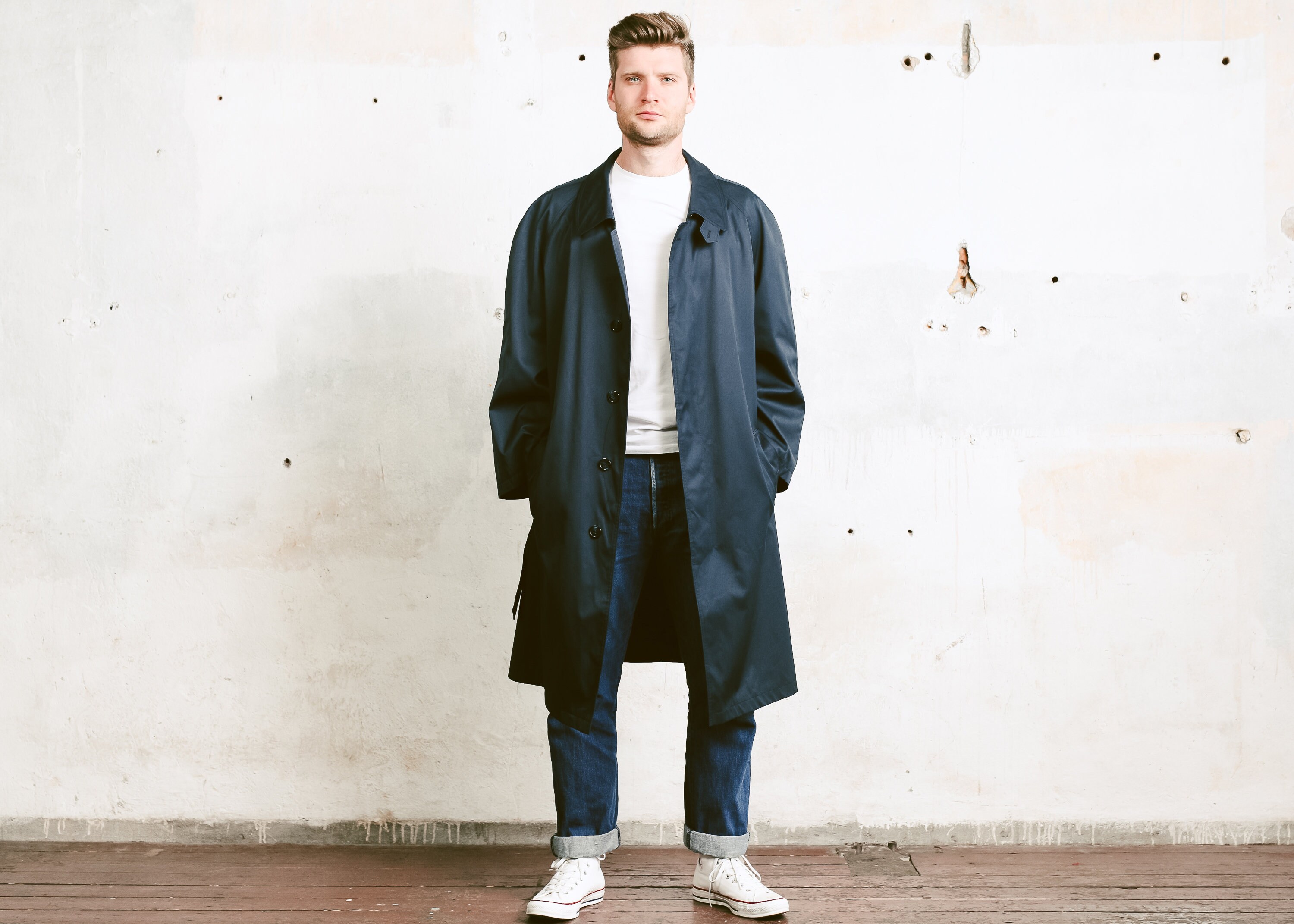 Mens Navy Blue Mac Coat . 80s Oversized Duster Coat Lightweight Coat Jacket Navy Blue Mac Spring ...