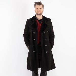 90&#39;s Men Black Sheepskin Coat, Size M Sheepskin Coat, Men Shearling Coat, Retro Leather Coat, Black Ranch Coat, Mens Clothing, BetaMenswear