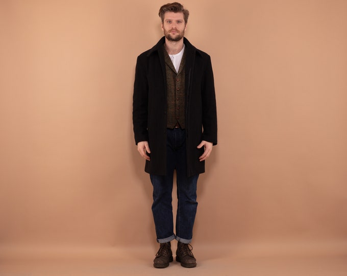 Men Wool Blend Coat, Size Medium, 90s Gray Wool Coat, Minimalist Autumn Coat, Preppy Office Coat, Elegant Menswear, Vintage Outerwear