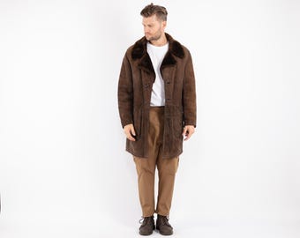 70s Brown Sheepskin Coat, Vintage Shearling Overcoat, Men's Size L