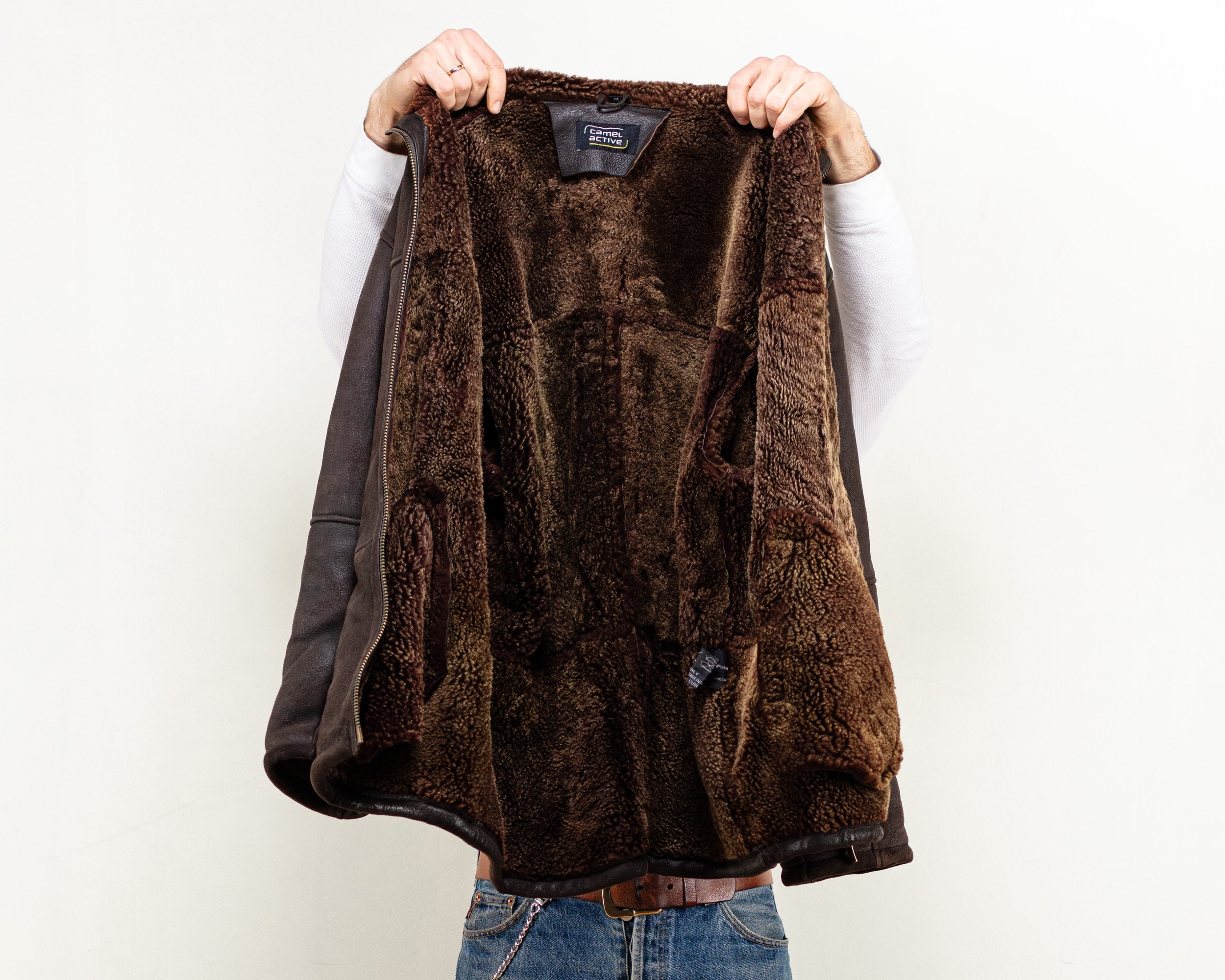 Sheepskin Leather Coat classic 90's men brown shearl leather winter