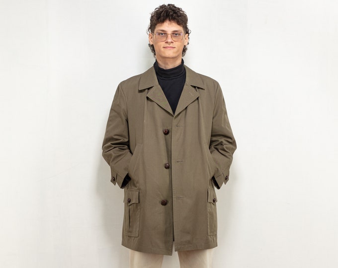 Mens Mac Coat 70's men khaki parka mac style overcoat classic trench coat minimalist single breasted sleek autumn classy coat size medium M